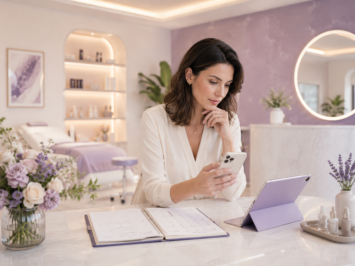 Vlasnica beauty salona proverava telefon i raspored termina u svetlom premium salonu