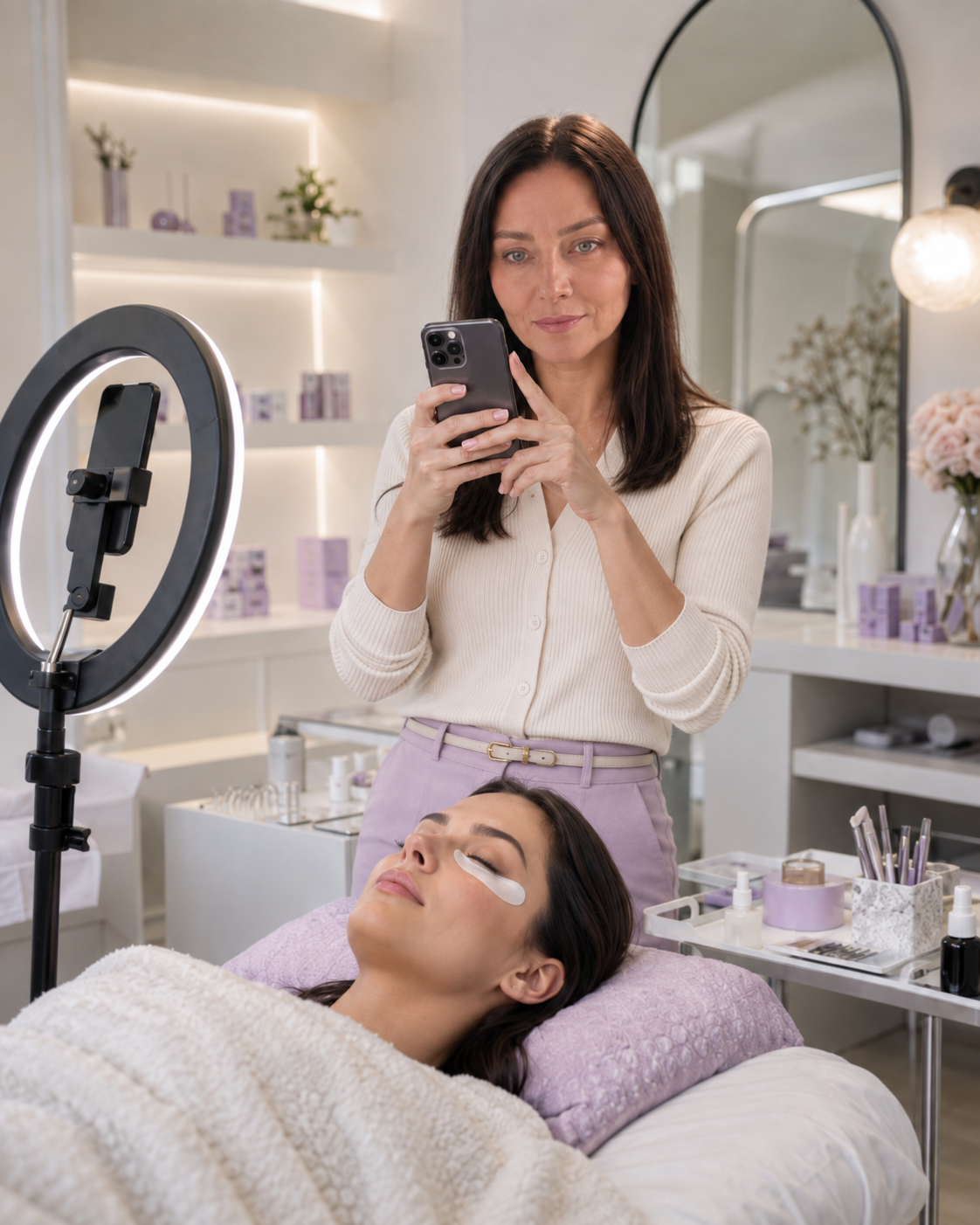Prikaz Sanje sa telefonom pored klijentkinje na tretmanu i prstenastog svetla u beauty salonu.