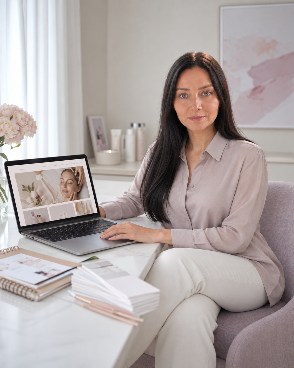 Prikaz Sanje za radnim stolom, uz laptop na čijem ekranu je web sajt beauty salona.